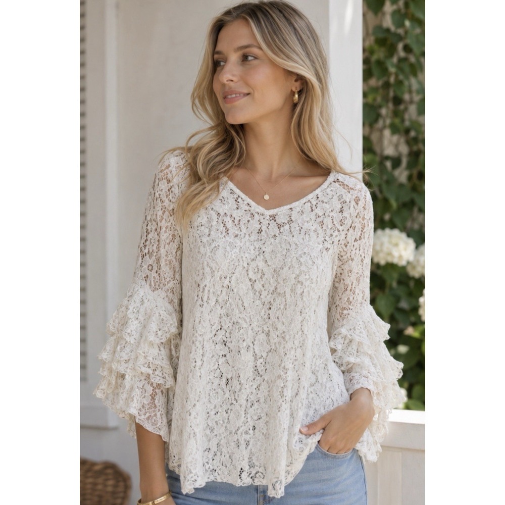 Fever Womens Feminine Floral Lace Blouse Size M Ruffle Sleeves Boho Victorian